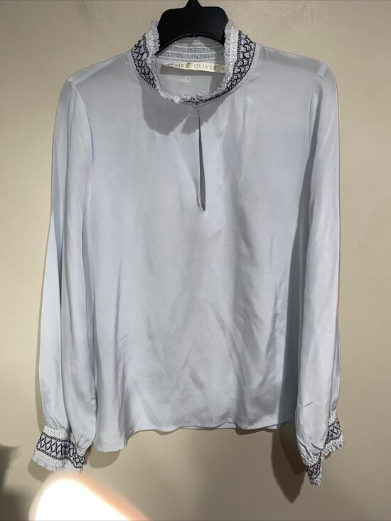 Marie Oliver Tops - Marie Oliver Silk Blouse Blue Smocked Neck Wrists Long Sleeve Keyhole Sz XS